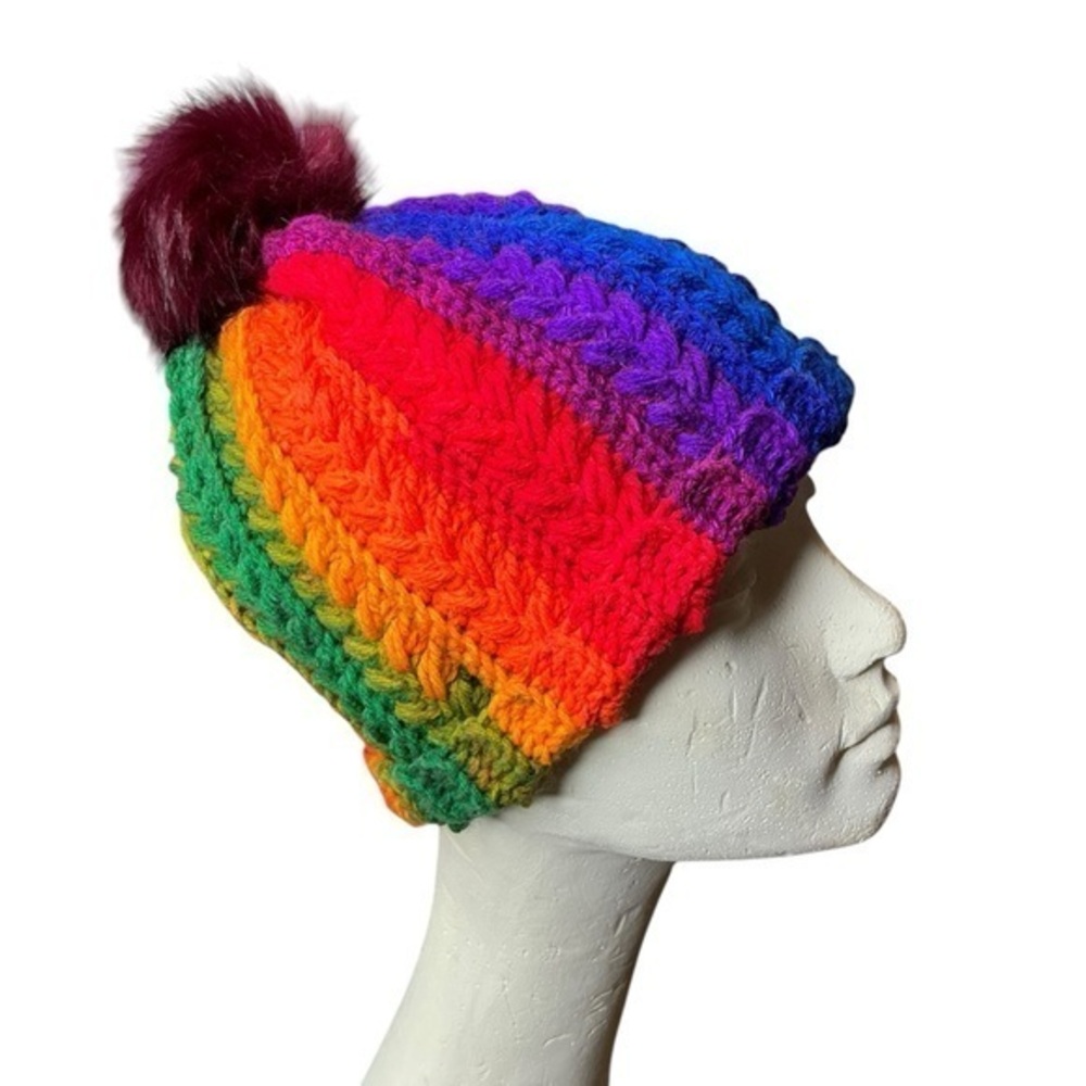 Handcrafted Crochet Rainbow Winter Hat Snowy Wheat Stitch Beanie with Pom Pom